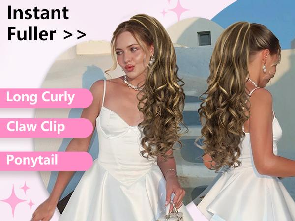 ALXNAN 24'' Long Wavy Claw Ponytail Extension Curly Wavy Pony Tail Clip in Claw Hair Extension Synthetic Hairpiece for Women Ideal for Any Occasion