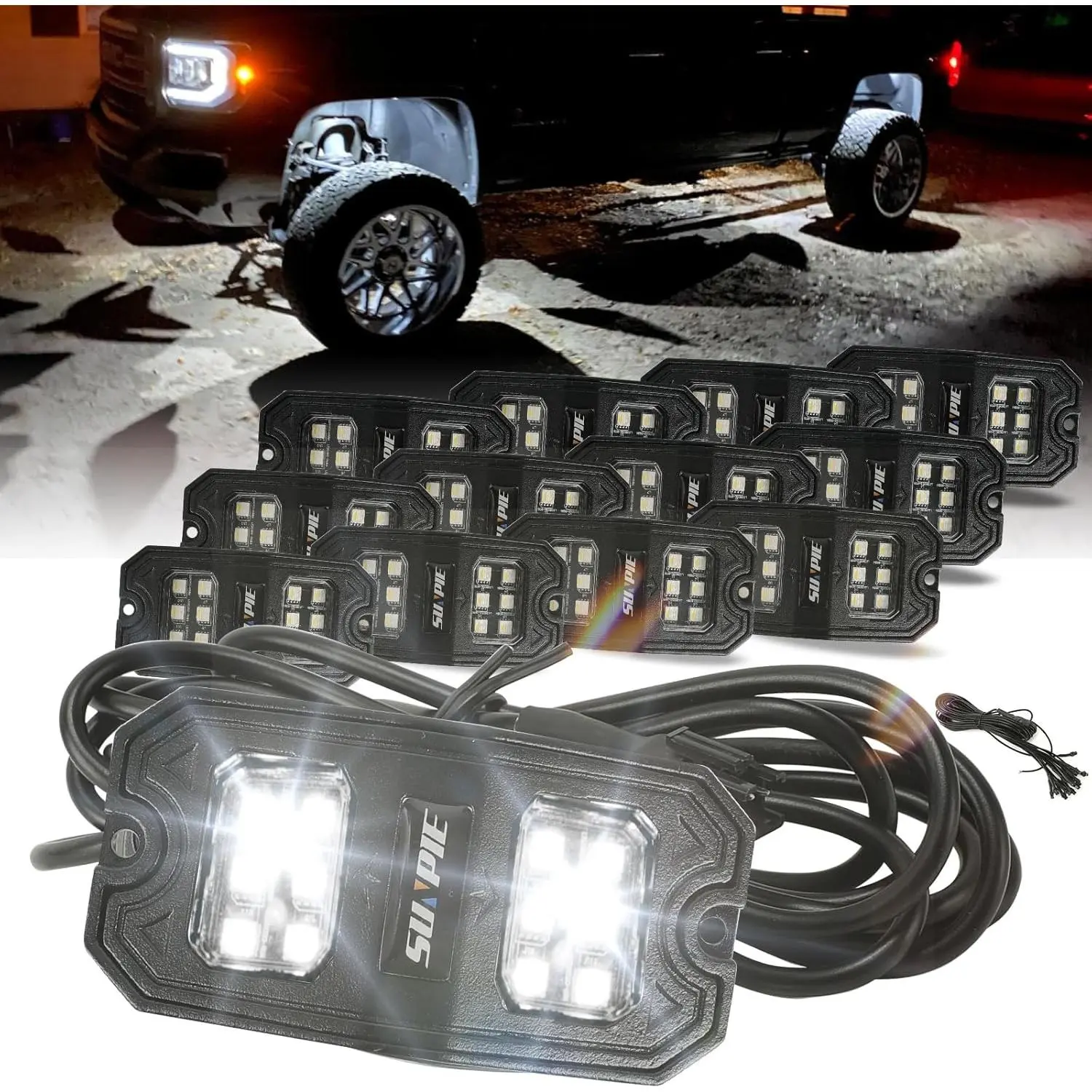SUNPIE Quick Connect Rock Lights,18 Wide Angle Chips,4M Extension Wires Each Light, 6000K Pure White, Mounting Pads, IP67 Waterproof, Fits for Trucks Trailer SUV ATV UTV