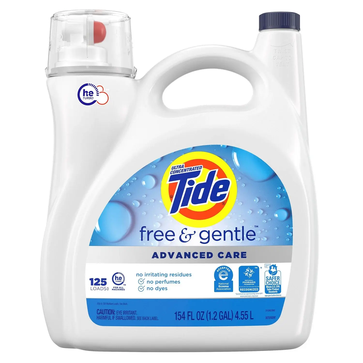 Tide Advanced Care Free & Gentle Unscented Liquid Laundry Detergent, 154 fl oz (125 Loads), HE-Safe for Daily Home Laundry