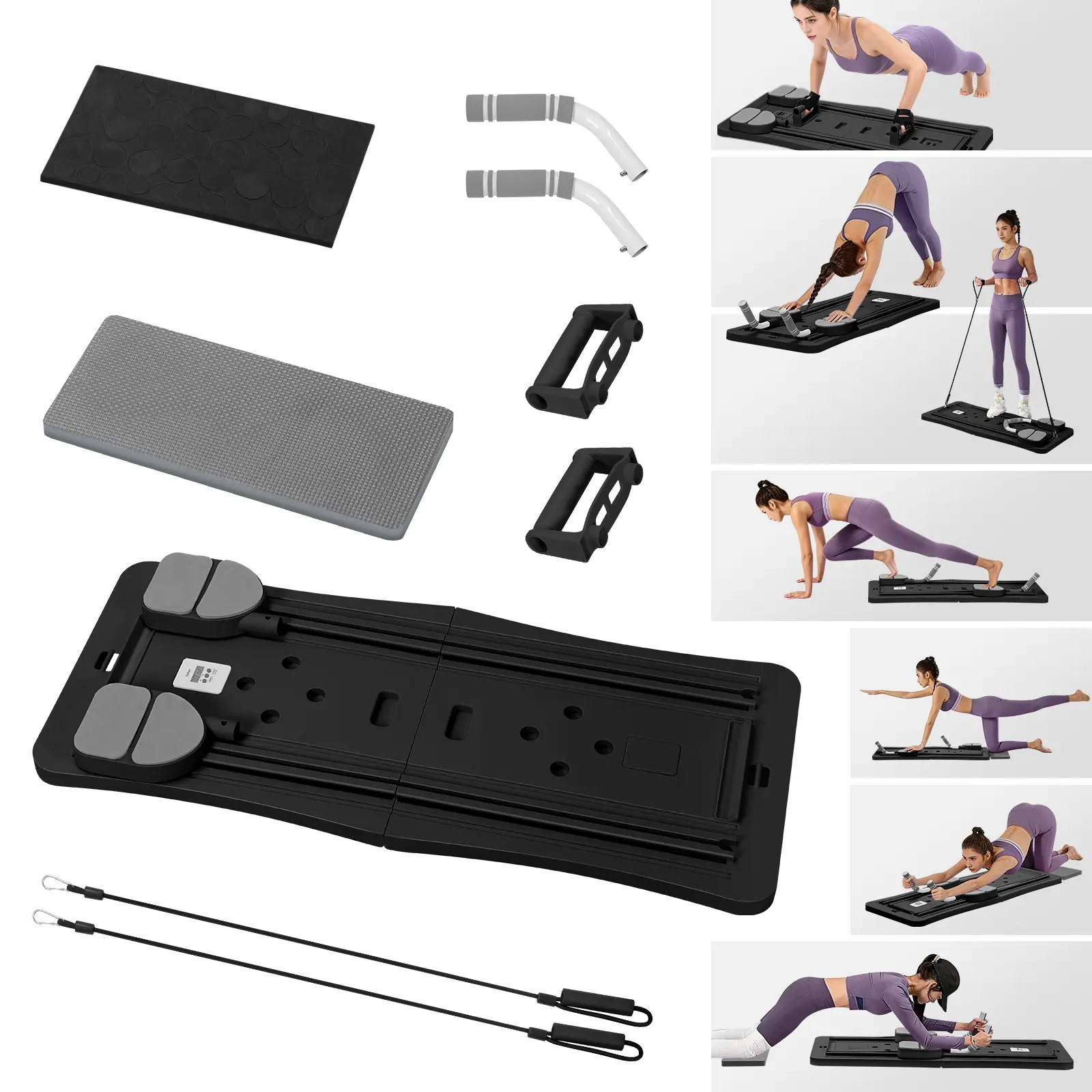 Compact Foldable Pilates System - Multifunctional Pilates Gear for Core Workouts, Home Ab Core Trainer with Auto-Rebound Track, Timer, Resistance Bands, Full-Body Home Gym Fitness Equipment