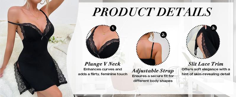 ChicMe Women's 2-Pack Lace Trim Babydoll Nightgown Side Slit Bowknot Decor Modal Cami Sleep Dress