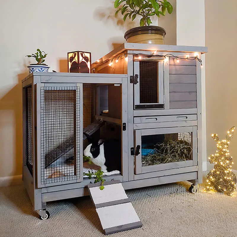 Summervibes Aivituvin Rabbit Hutch Large Wooden Bunny House Guinea Pig Cages on Wheels (Inner Space 8.3ft²)-AIR10 Two Trays, Indoor Outdoor Multi-Level with Run and
