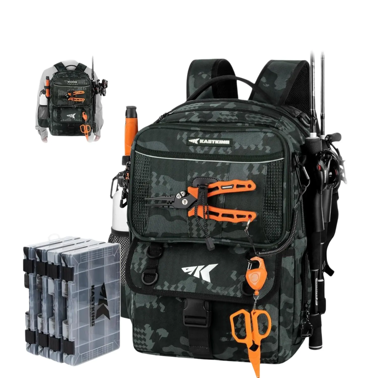 [Back to School Gift] 50L BaitSpace Fishing Tackle Backpack with Removable Bait Binder & 4 Tackle Boxes, Rod Holders Storage Fishing Gear SummerVibes