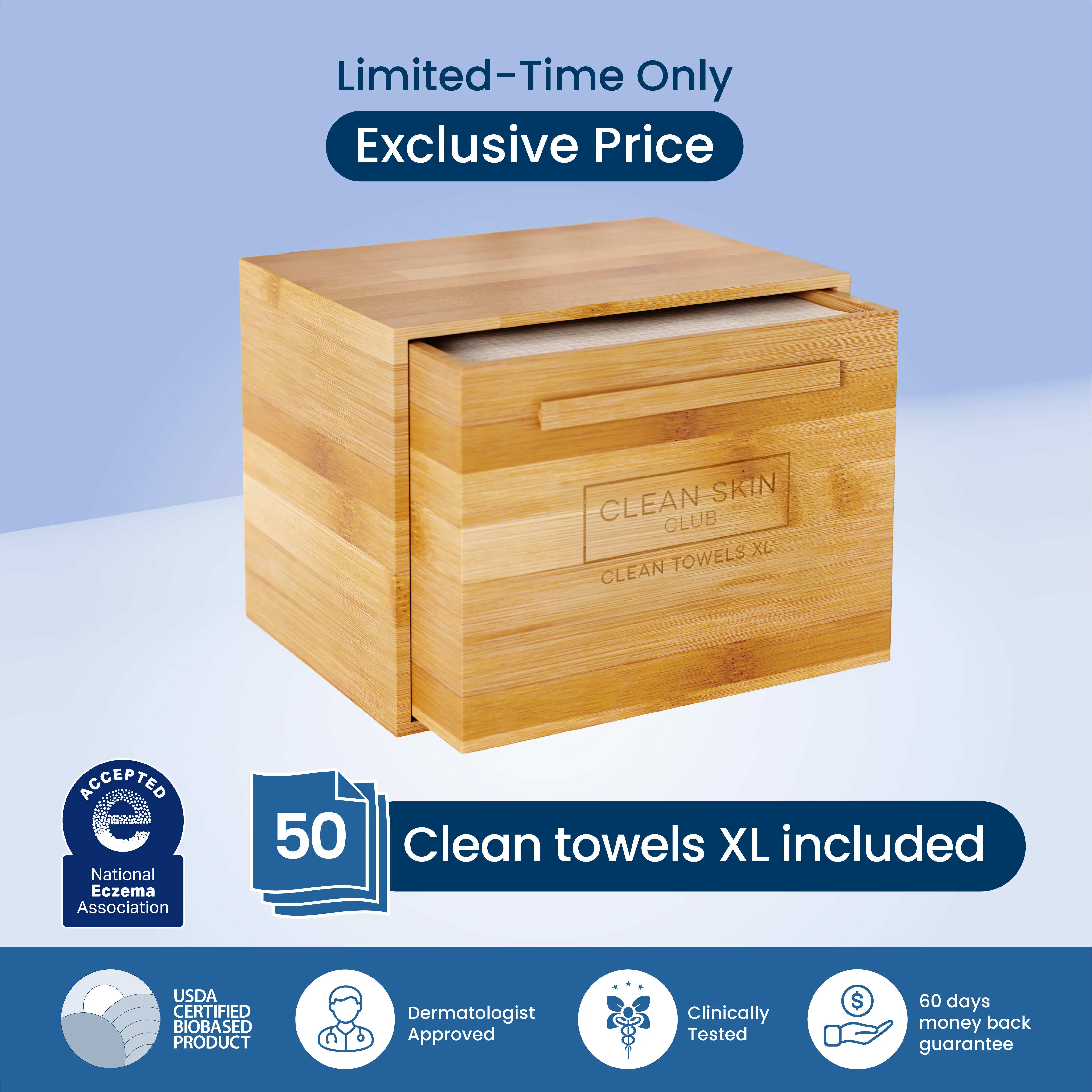 Clean Skin Club Luxe Bamboo box with Drawer + 50 XL Towels