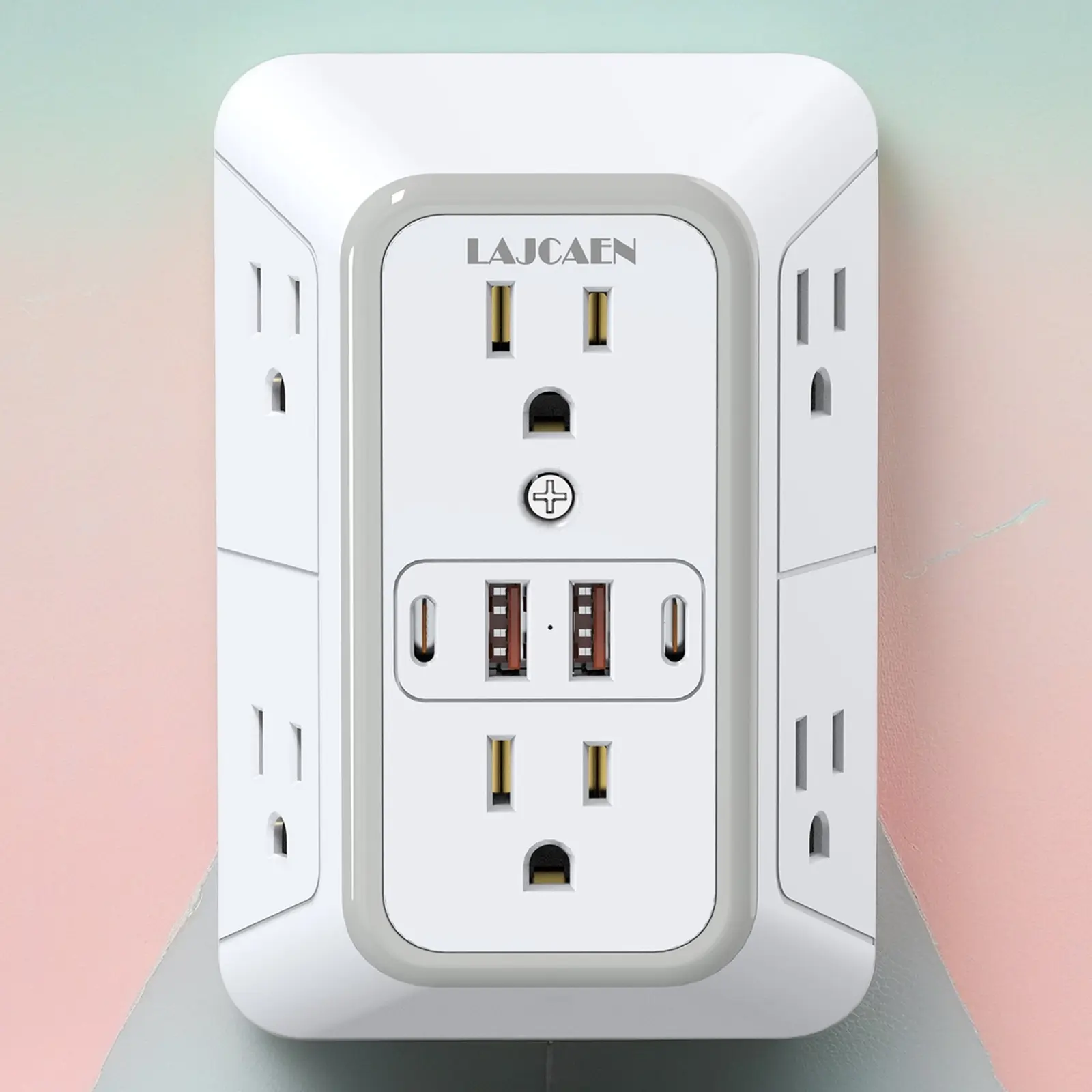 Wall Charger, Surge Protector, 6 Outlet Extender with 4 USB Charging Ports 3-Sided 1050J Power Strip Multi Plug Adapter Spaced for Home Travel Office