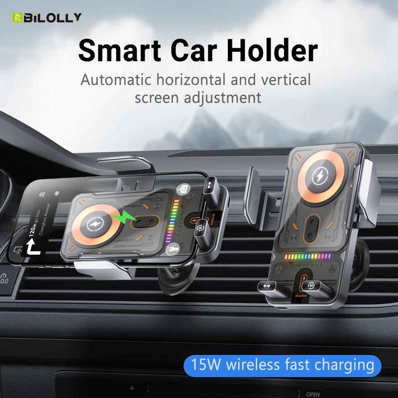 2025 new cool car wireless fast charging holder, intelligent sensor opening and closing, universal mobile phone navigation holder, 90-degree rotation, horizontal and vertical screen use, built-in ambient light, intelligent high-end navigation holder