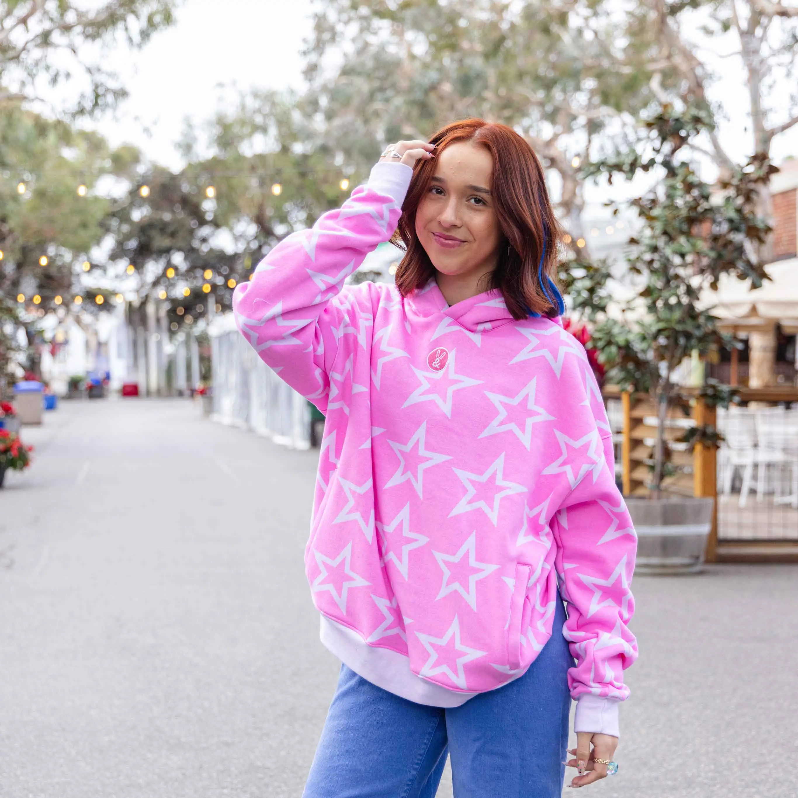 Cotton Fleece-Lined Star Hoodie in Hot Pink