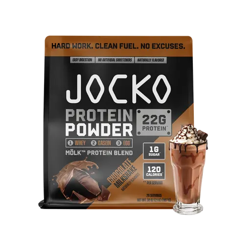 JOCKO FUEL Premium Blended Protein Powder - Adults' Workout Supplement, Whey+Casein+Egg (Contains Eggs), 22g Protein, 1g Sugar, 120 Calories, Probiotics for Digestive Health & Muscle Support, Chocolate, Prop 65 Free (Sizes May Vary)