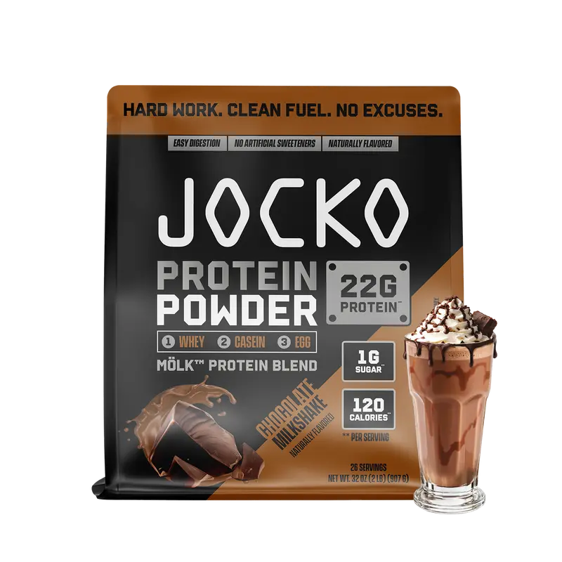 JOCKO FUEL Premium Blended Protein Powder - Adults' Workout Supplement, Whey+Casein+Egg (Contains Eggs), 22g Protein, 1g Sugar, 120 Calories, Probiotics for Digestive Health & Muscle Support, Chocolate, Prop 65 Free (Sizes May Vary)