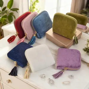 Jewelry Travel Case for Women, Lightweight Velvet Organizer Pouch with Tassel, 5 Compartment Storage for Earrings Rings Necklaces Bracelets, Cute Coin Purse Mini Wallet for Handbag, Makeup Bag, Travel Accessories and Gifts