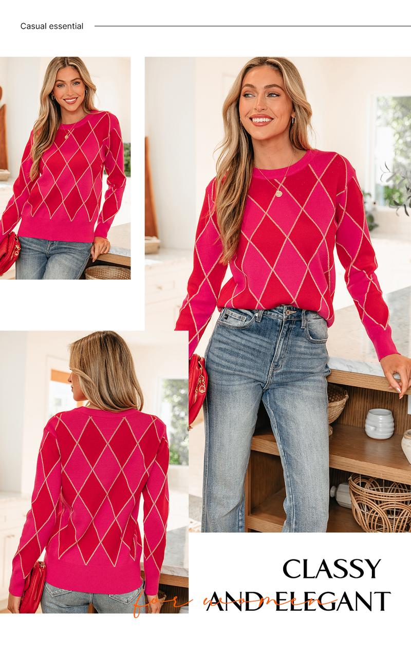 Asvivid Women's Glitter Rhombus Argyle Pattern Knit Casual Cute Sweater Pullover Jumper Tops Long Sleeve / Sleeveless Knitwear for Spring Fall Valentines Outfits
