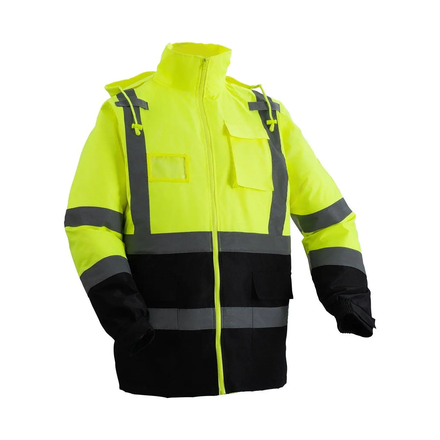 VEVOR High Visibility Reflective Strips Safety Hoodie, Waterproof, Comfortable, Breathable, Snap Buttons, Yellow with Black, Size L, Nights