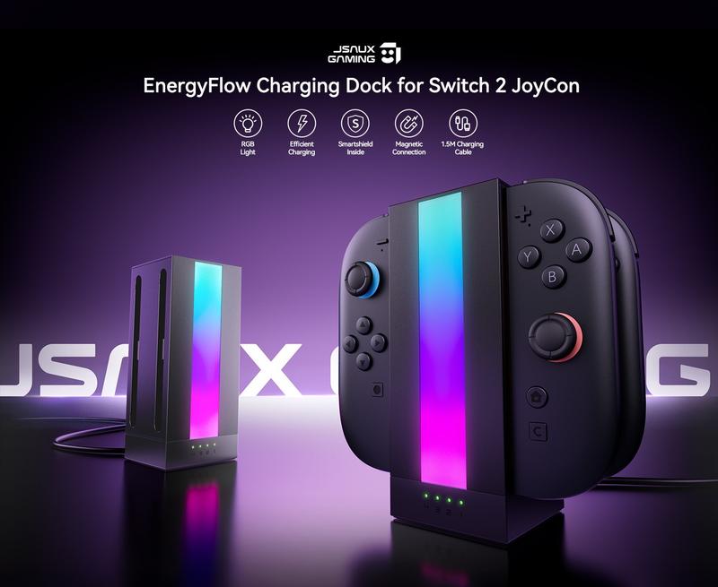 JSAUX EnergyFlow Charging Dock for Nintendo Switch 2 JoyCon Controllers, 4-in-1 RGB Magnetic Charger Station LED Indicator, Switch2 JoyCon Accessories with 5FT USB C Cable