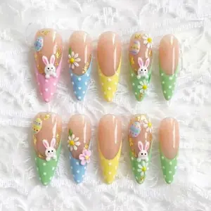 Pastel Easter Bunny Press On Nails, Rabbit Chick Egg Cross Art, Soft Spring Colors Long Almond Kawaii Nail Set