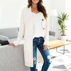 Long Sleeve Cable Knit Long Cardigan for Women 2026 Spring Winter Chunky Open Front Button Sweaters with Pockets