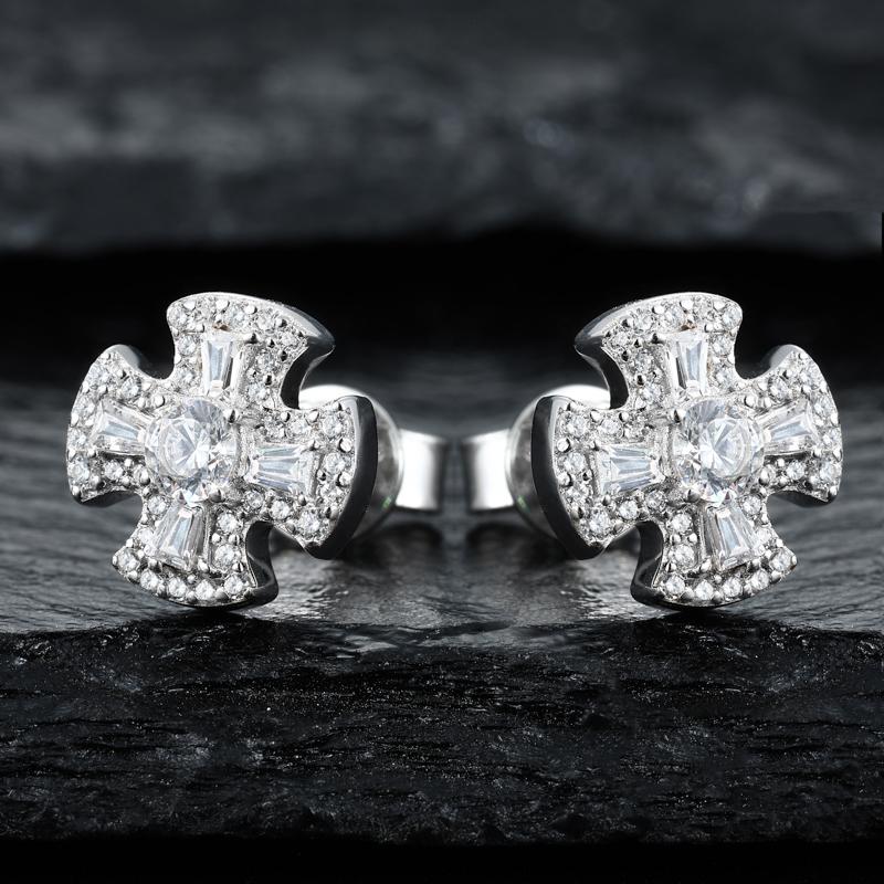 【#E567】Creative Cross Stud Earrings UCClYO Four-Leaf Clover Lab-Created Moissanite Earrings for Women 925 Sterling Silver Men's Stud Earrings Hip-Hop Jewelry Couple Gift Valentine's Day