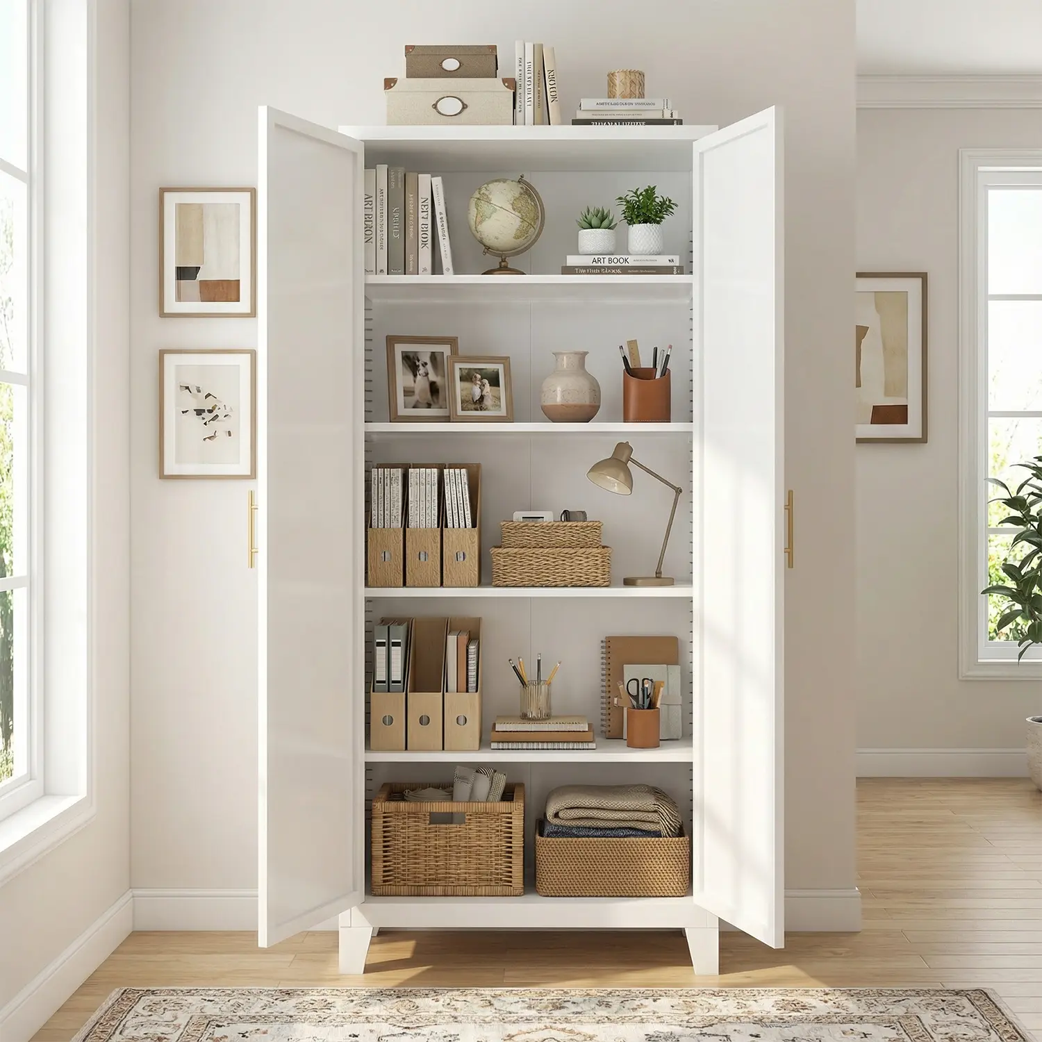 Modern Credenza Sideboard Buffet Cabinet - White 2-Door Freestanding Storage Cupboard, 31.5" Wide Tall Bookshelf with Adjustable Shelves, Gold Handles, Multi-Functional for Living Room, Bedroom, Modern Credenza Cabinet