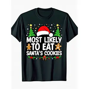 Most Likely to Eat Santa's Matching Family Christmas T-Shirts - 100% Cotton 220gsm Heavyweight Black with White Print - Group Outfits for &, Gingerbread for & Candy Cane Design Holiday Party Apparel