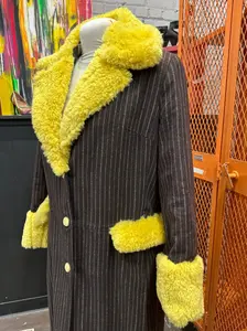 Pinstripe Long Coat - Butter Yellow Faux Fur Luxury Statement Piece