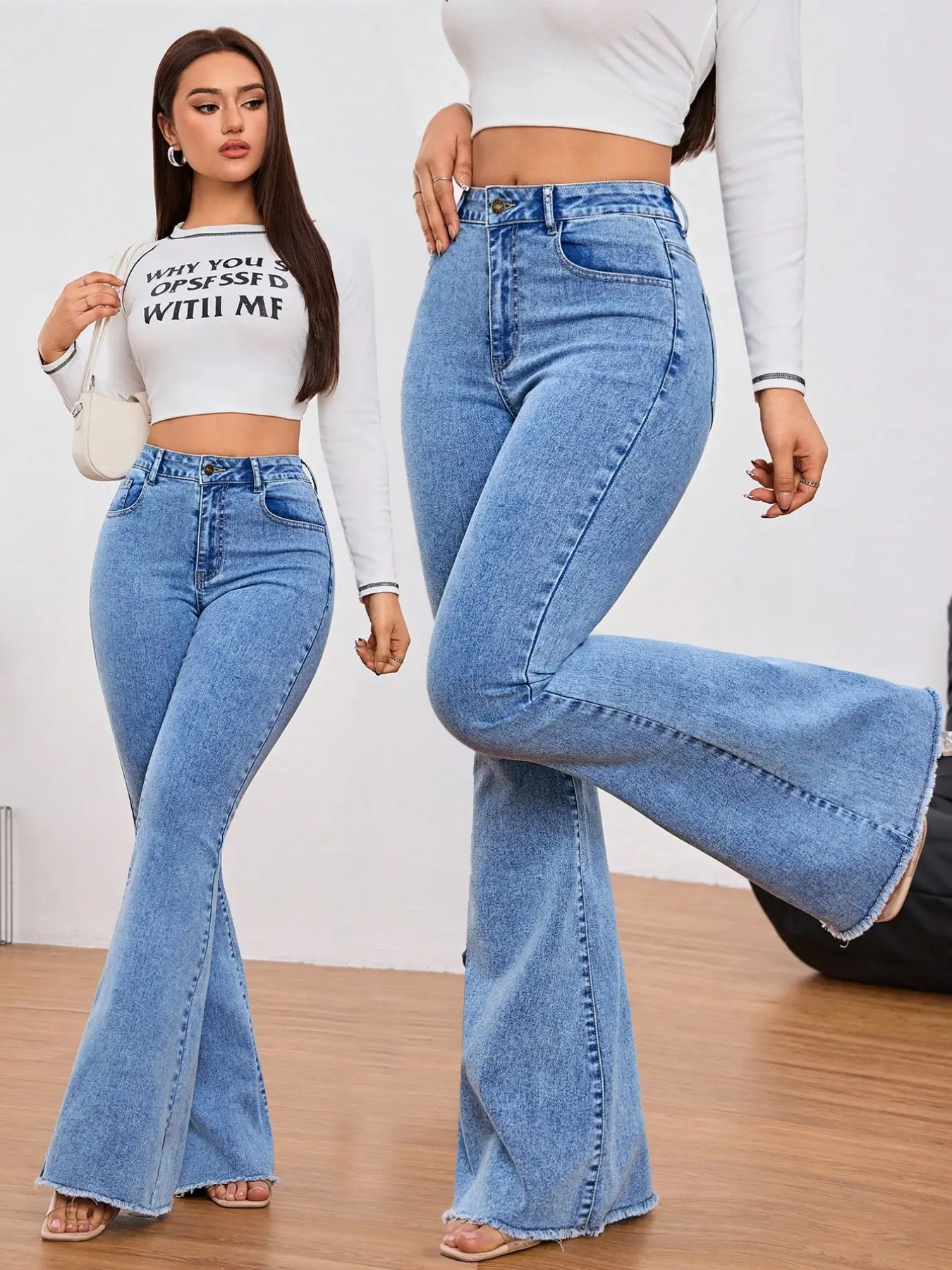 Tall High-Waisted Vintage Style Women Jeans, Slim-Fitting Stretch Elastic Flare Leg Denim Jeans, Fitted Stretch Denim, Solid Pattern, Streetwear Street Fashion for All Seasons, Bottom Womenswear, Pants