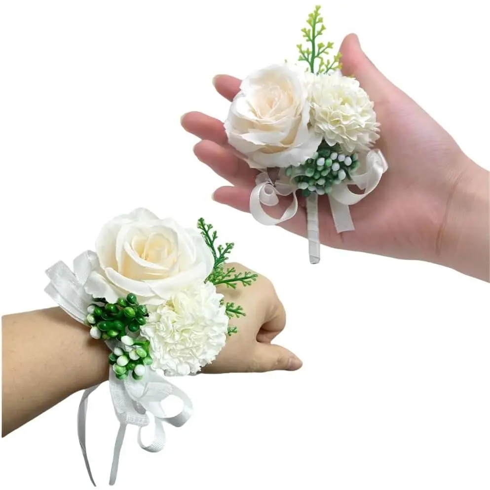 2-Piece Handmade Reusable Fabric Carnation Rose White Corsage & Boutonniere Set Pack, 3.5"x5.5" Adjustable Formal Wristlet Decor for Groomsmen, Wedding Bridal Shower Accessories (Home Decor), Two Piece Set, Silk/Satin