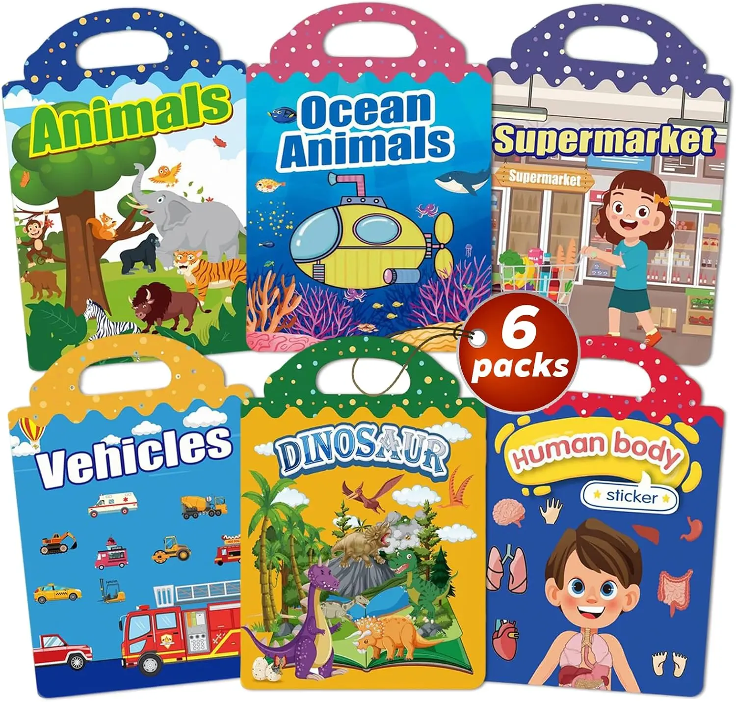 6-Pack Silicone Reusable Animal Jelly Sticker Books with Portable Handle for Easy Grab-and-Go, Waterproof Play Activity & Learning Toys, Gift Ideas for 4-6 Yrs Old Kids, Stickers, Fun Birthday Gift Idea