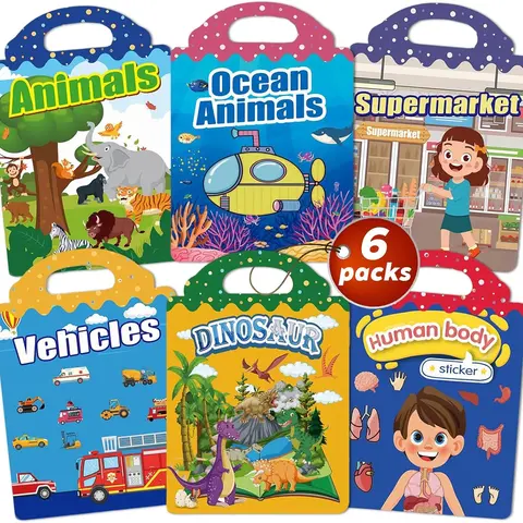 6-Pack Silicone Reusable Animal Sticker Books with Travel-Ready Handle, Fun and Interactive Learning Toys for 4-6 Years Kids to Boost Hand-Eye Coordination & Learn Words, Waterproof Arts & Crafts, Perfect Gift Ideas