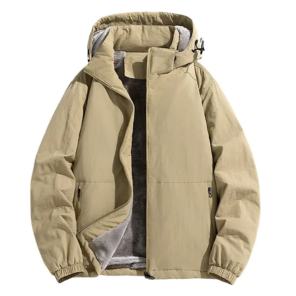 Men’s Winter Fleece-Lined Hooded Long Sleeve Fitted Casual Pull-On Workwear Jacket - Warm, Thick, Windproof, Waterproof Coats for Outdoor Hiking Enthusiasts, Minimalist Plain Outerwear for Daily Commuting