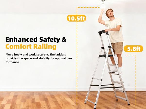 6-Step Aluminum Folding Ladder, 330 lbs Capacity with Wide Non-Slip Steps, Steel Platform, Slim Fold Design