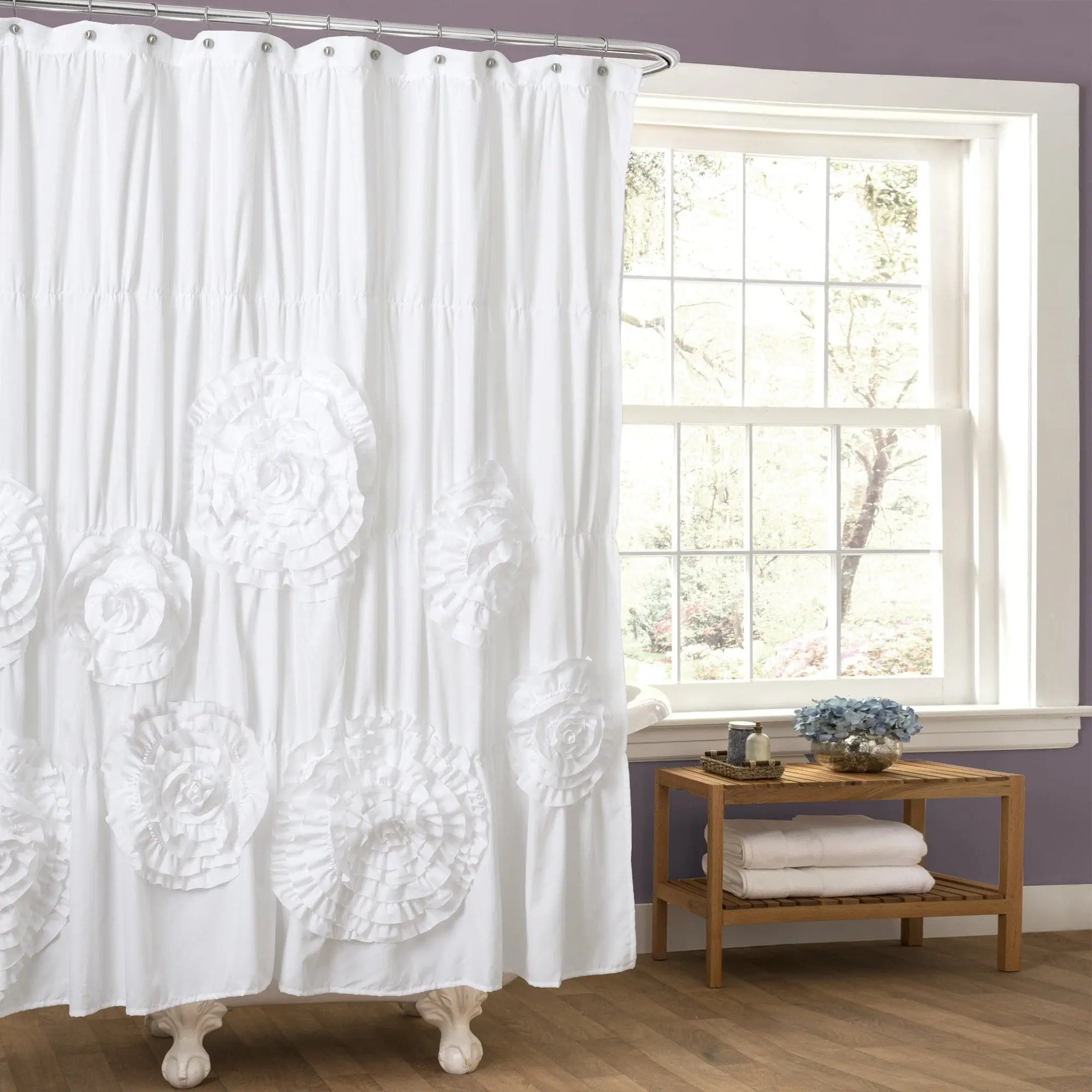 Lush Decor Serena Floral Shower Curtain - Flowers, Blush, Ruched, Floral Detail Charm, Lightweight Frame, Soft Polyester, Cozy Touch, 72x72in, Shabby Chic Bathroom Decor, Shower Curtains