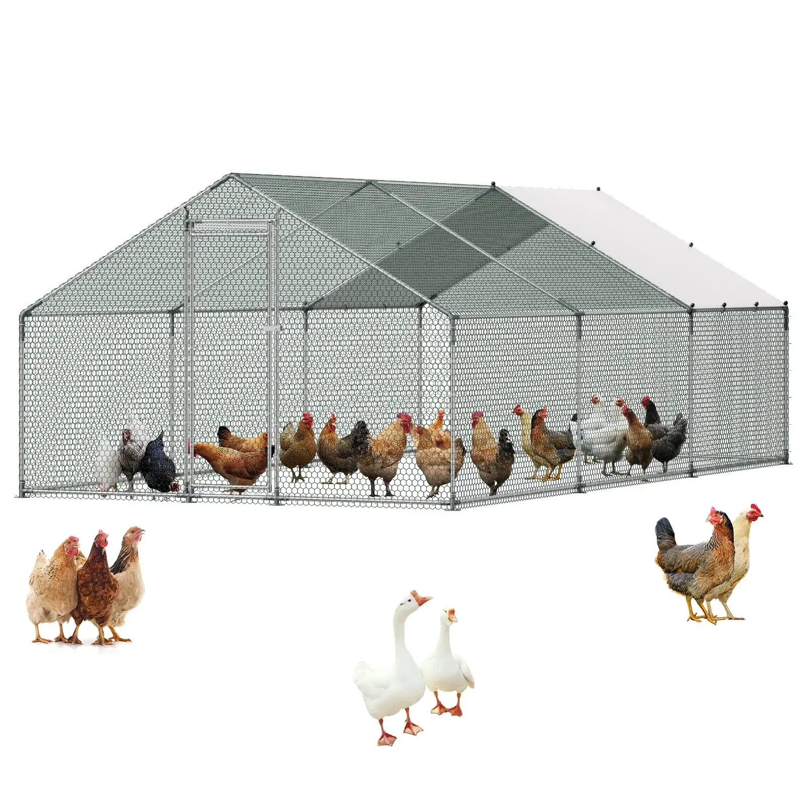 【SummerFinds】VEVOR Enclosed Galvanized Steel Chicken Cage, 9.8x19.6x6.5 ft Metal Frame Kit with Secure Mesh Guard, Hex Mesh Panels, 1" Thick Solid Outdoor Pipes, Walk-In Run, Spire Roof, Rain-Drain Cover, Security Lock for Backyard Farm Chickens
