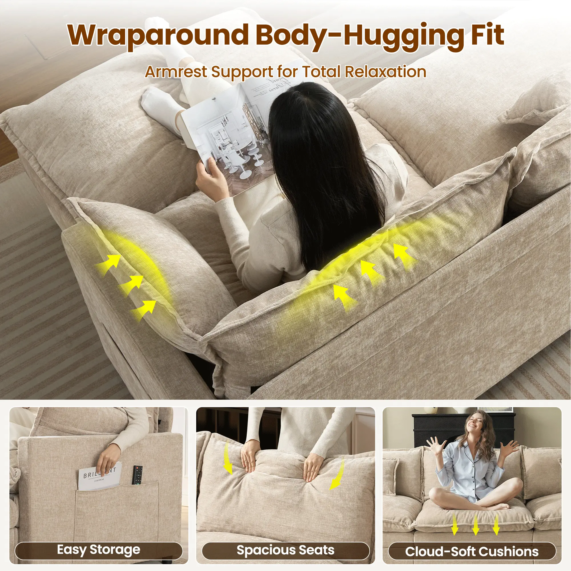 【2 Packages Shipping】OVIOS 108" U-Shaped Modern Sofa Modular Sectional Cloud Couch with 2 Ottoman, Comfy Chenille Deep Seat Sofa Bed for Living Room, Bedroom and Apartment, 5 Pillows Included 【2 Packages Shipping】OVIOS 108" U-Shaped Modern Sofa Modular Sectional Cloud Couch with 2 Ottoman, Comfy Chenille Deep Seat Sofa Bed for Living Room, Bedroom and Apartment, 5 Pillows Included