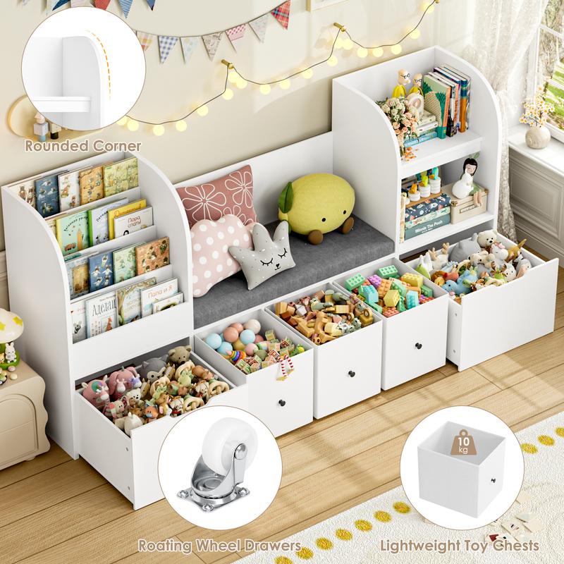 FOTOSOK 71” Kids Bookshelf with Reading Nook, Toy Storage Organizer with Seat Cushion and 2 Movable Drawers & 3 Toy Chests, Kids Reading Nook Toy Organizers and Storage with Bench for Playroom FOTOSOK 71” Kids Bookshelf with Reading Nook, Toy Storage Organizer with Seat Cushion and 2 Movable Drawers & 3 Toy Chests, Kids Reading Nook Toy Organizers and Storage with Bench for Playroom