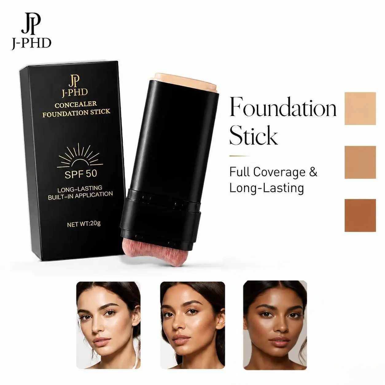 Luminous Dual-Ended Concealer Foundation Stick with Built-in Brushes 24H Long-Lasting Waterproof Sweatproof One-Swipe Even Flawless Base Clear Radiant Skin Foundation Stick