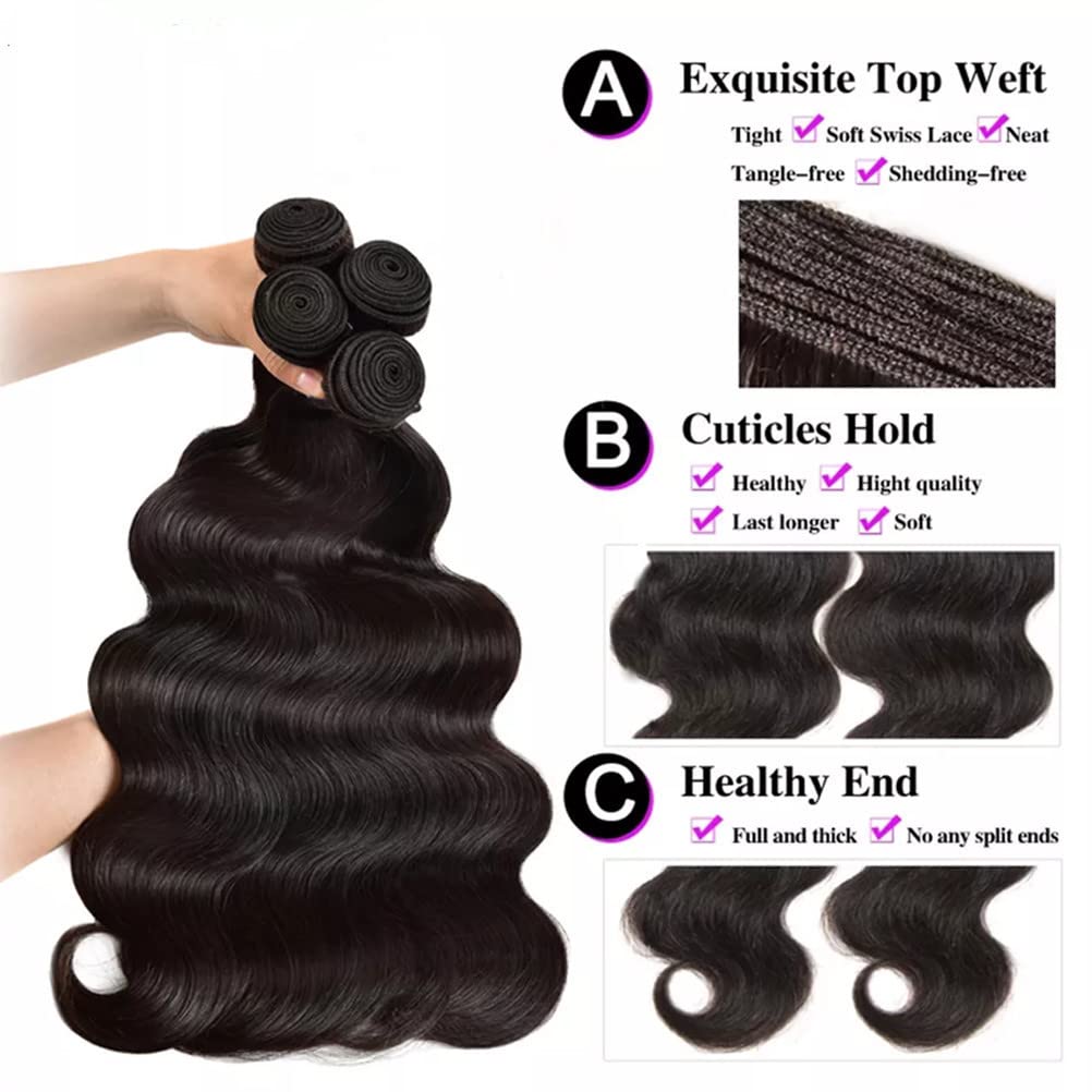 Body Wave Brazilian Virgin Hair Bundles 1 3 4 Pcs 100% Human Hair 12A Grade Remy Weave Natural Black 12-30 Inches Soft Combs Easily