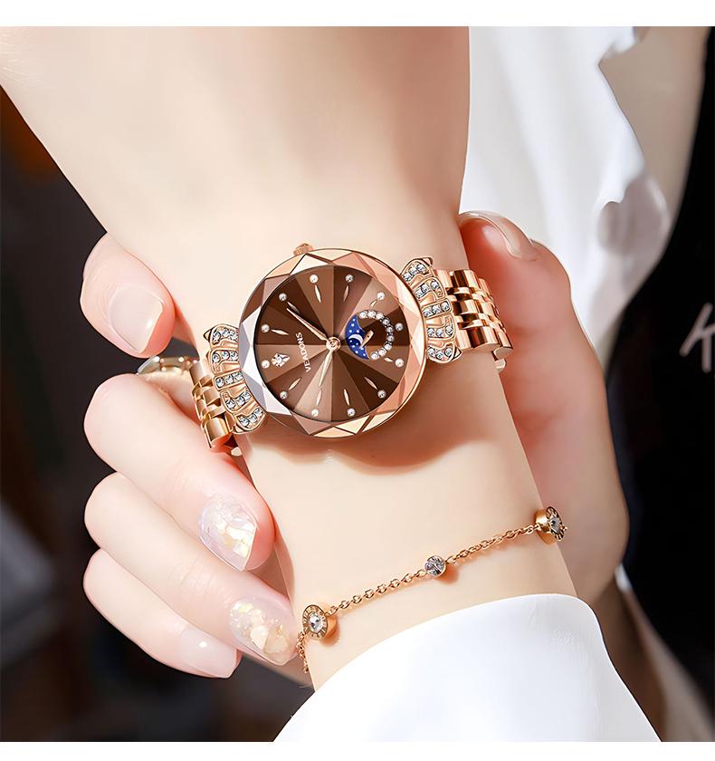 VEADONS Luxury Women's Jewelry Watch Diamond Cut Crystal Stainless Steel Case Water Resistant Moon Star Sun Design Elegant Wristwatch Perfect Gift for Her