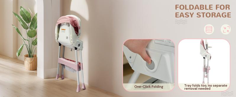 Foldable Baby High Chair, 2-in-1 Portable Convertible Highchair with Removable Dual-Layer Tray, 5-Point Safety Harness and Storage Bag for Toddlers & Babies