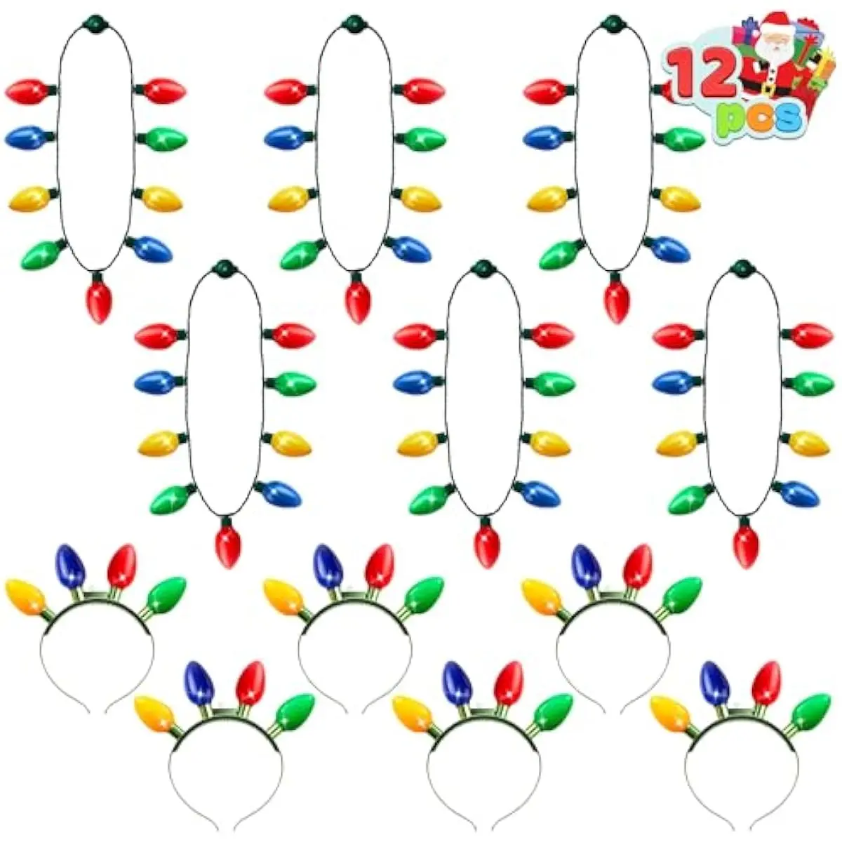 12PCS Christmas Light Up Headband and Necklace with 6 Flashing Modes, LED Christmas Lights Bulb Necklace Headband for Kids Women Men Xmas Party Supplies Accessories