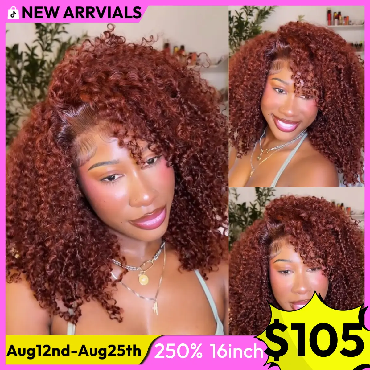 UNice 250% Density Reddish Brown Fluffy Afro Kinky Curly with Layered Finger Coil Ends Glueless 7x5 HD Lace Closure Human Hair Wigs No Slip Beginner-Friendly Natural Looking Summer Wig SummerArrvials #SoHoChic #TikTokShopBackToSchool