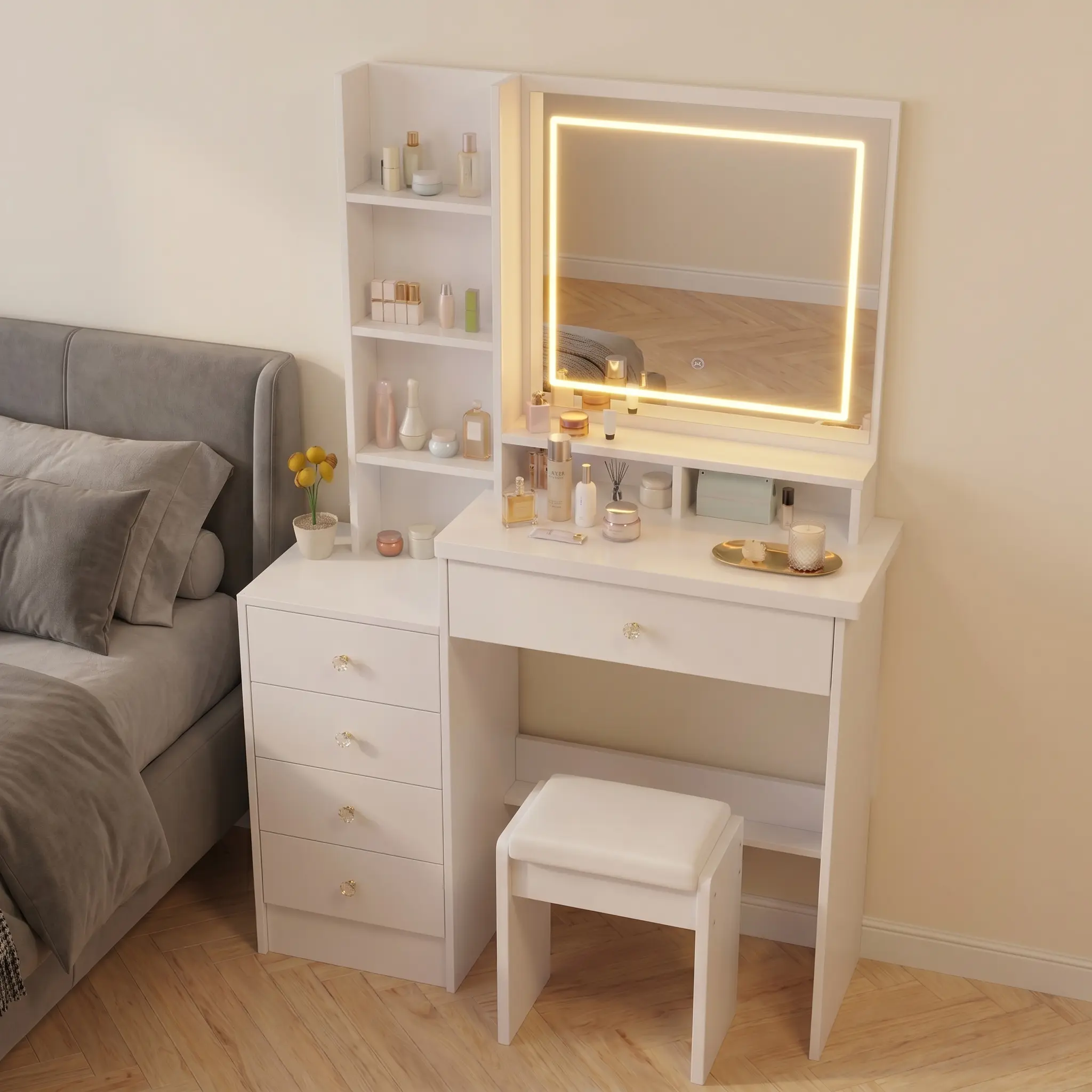 White Modern-Style Makeup Vanity Desk with 3-Color LED Mirror, Matching Stool, Multiple Drawers, Compact Indoor Furniture for Small Spaces,dorm essentials,home decor