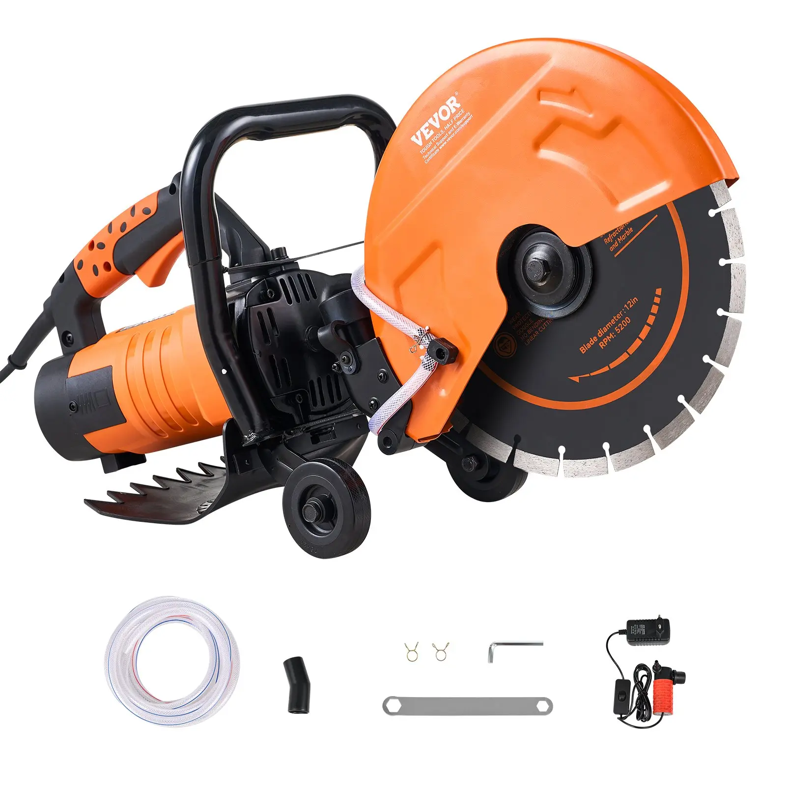 Electric Concrete Saw, 12 in, 1800 W 15 A Motor Circular Saw Cutter with Max. 4.5 in Adjustable Cutting Depth, Wet Disk Saw Cutter Includes Water Line, Pump and Blade, for Stone, Brick