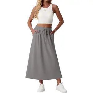 Lepunuo Casual Maxi Skirts for Womens Drawstring High A-Line Waisted Summer Long Trendy Skirts with Pockets