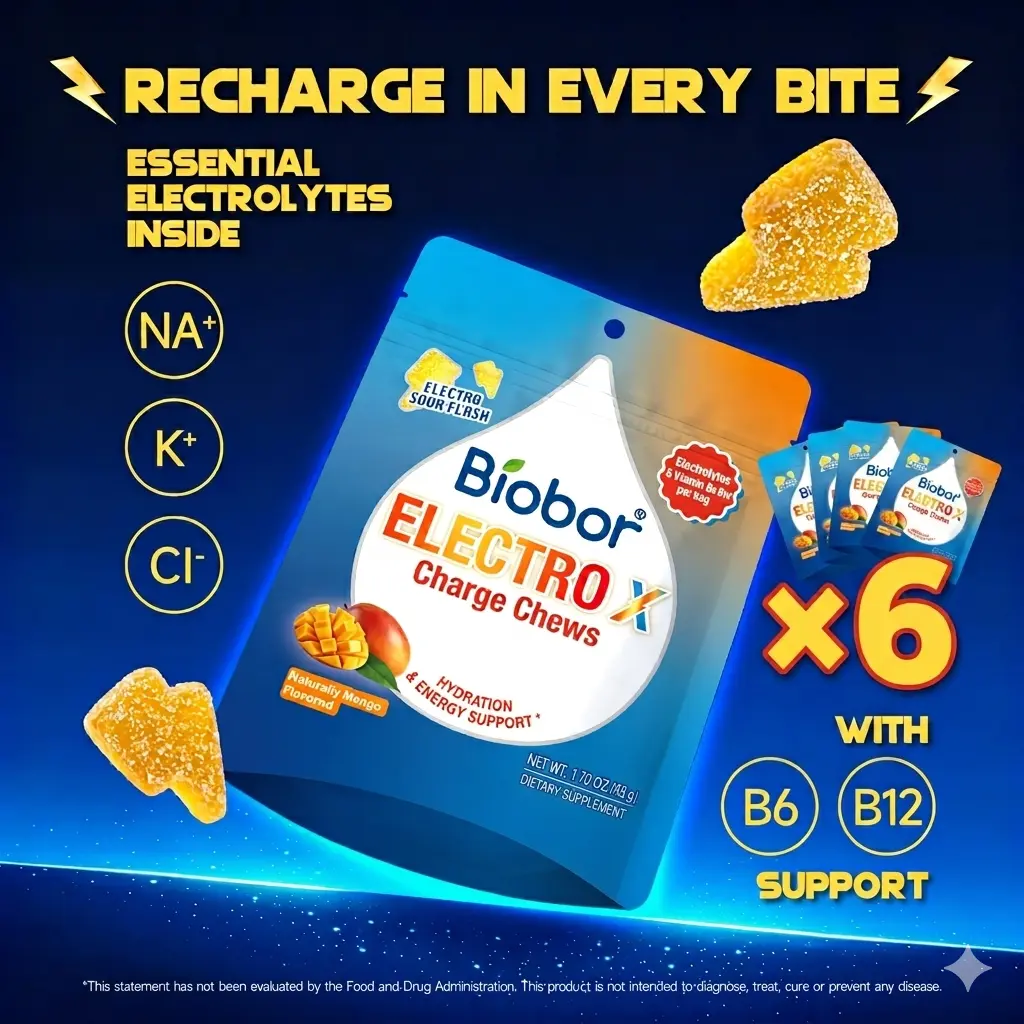 Biobor Electrolyte Charge Chewable Dietary Supplements (6 Bags), Mango Flavored Enriched Gummies with Vitamins B6, B12, Potassium, Metabolism & Energy Support, Non-GMO Edible Dietary Supplement, 288g Total