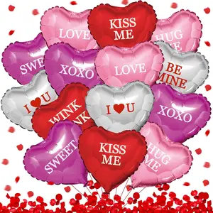 16 PCS Valentine’s Day Heart Balloons with 500 Red Rose Petals, LOVE SWEET BE MINE Balloons, Red Heart Balloons & Rose Petals for Valentine’s Party Decor