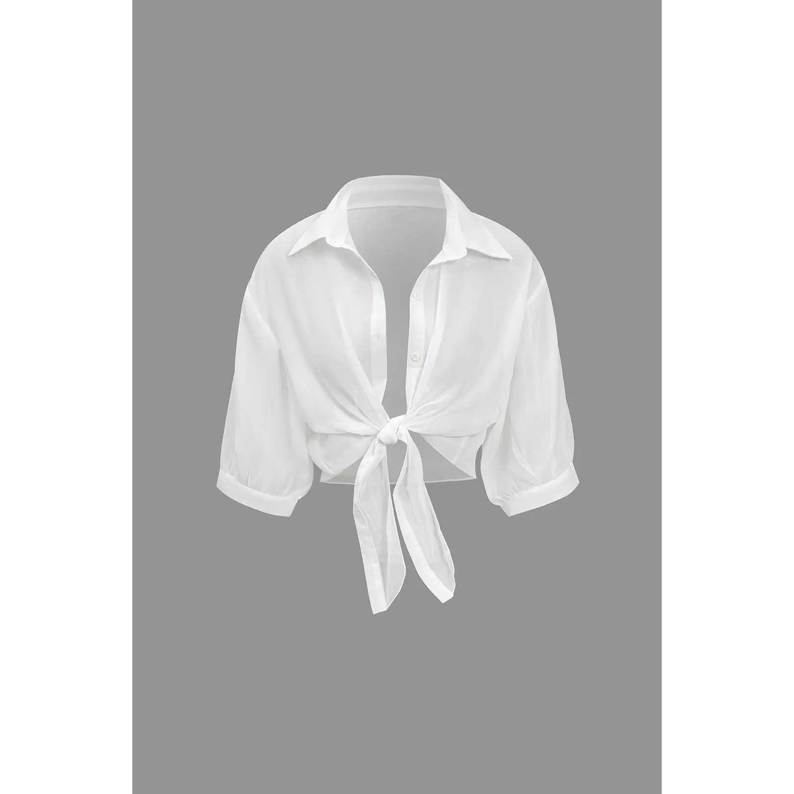 Chiffon Button Tie-Up Short-Sleeve Shirt