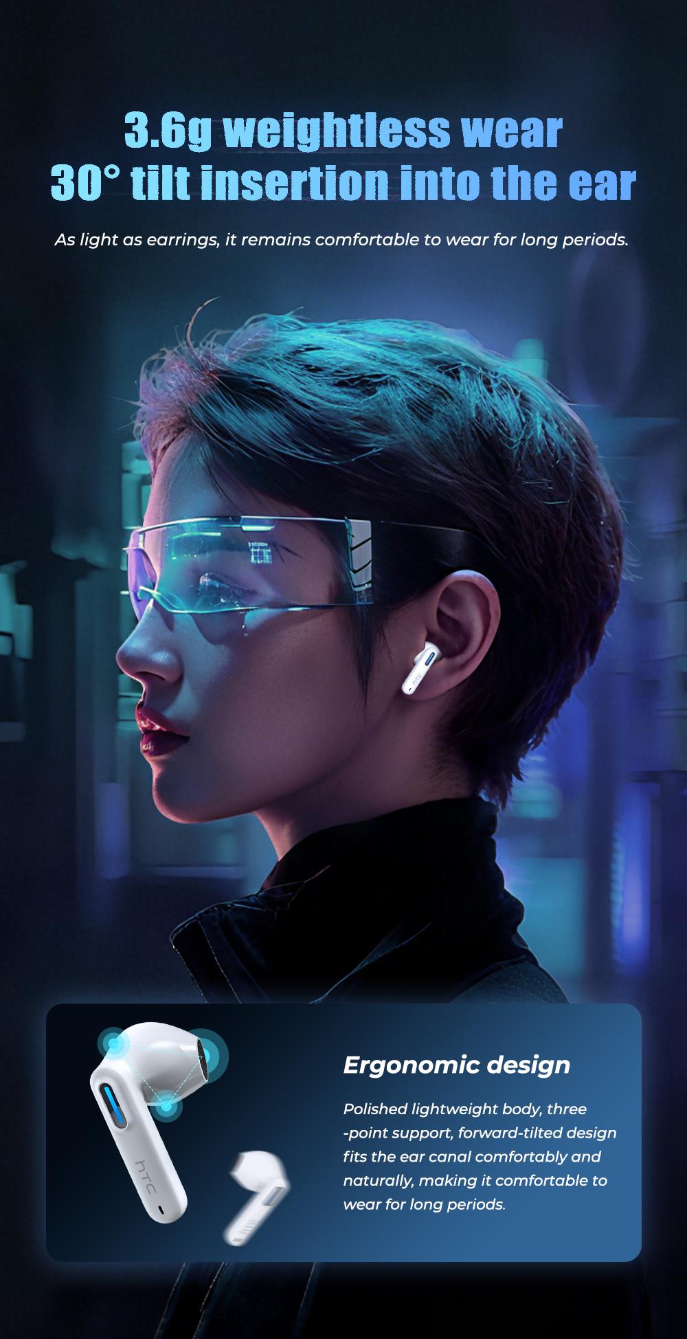 HTC NE49-ai translation headset Bluetooth headset (6.0), charging box, IPX5 waterproof, 35 hours of charging box life, built-in microphone.