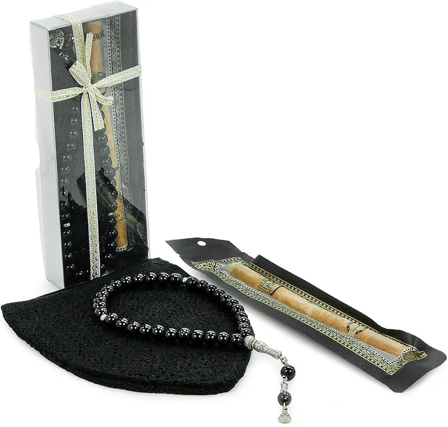 Men’s Muslim Kufi Hat Set with Tasbih Prayer Beads & Miswak, Islamic Gift for Ramadan, Eid Mubarak, Hajj & Umrah