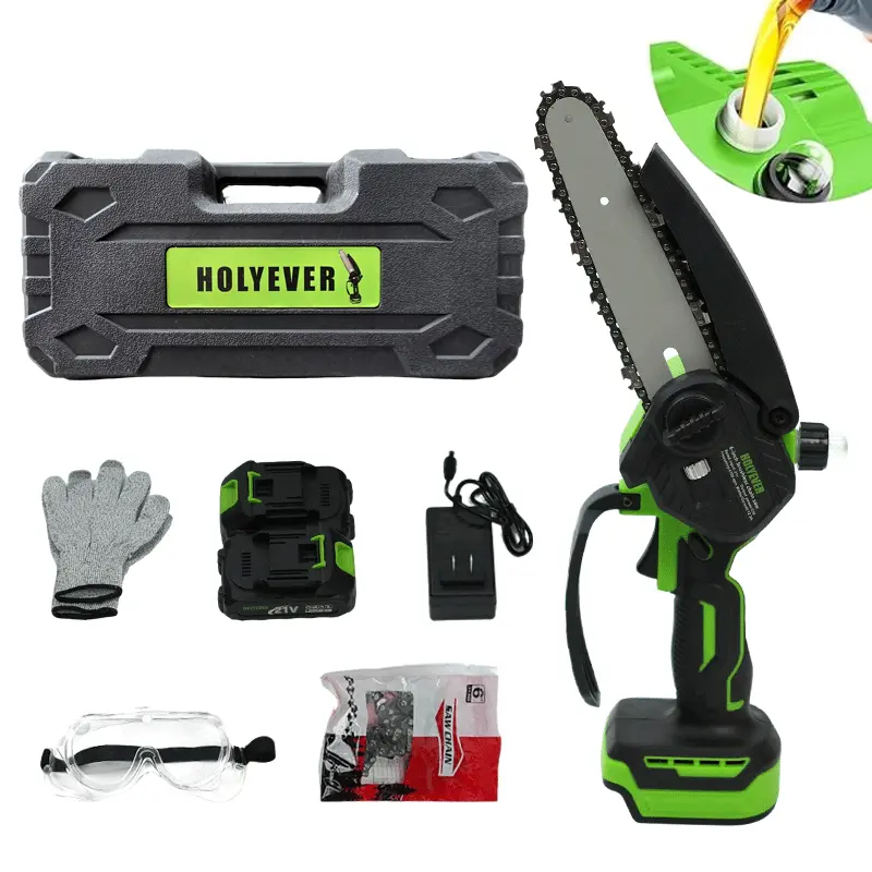 Holyever 6-Inch Brushless Mini Cordless Chainsaw Full Kit, 550W Motor, Automatic Oiling System, Rechargeable Battery, Makita-Compatible Handheld Pruning Saw for Tree Branches, Yard Maintenance, Brushless Mini Chainsaw