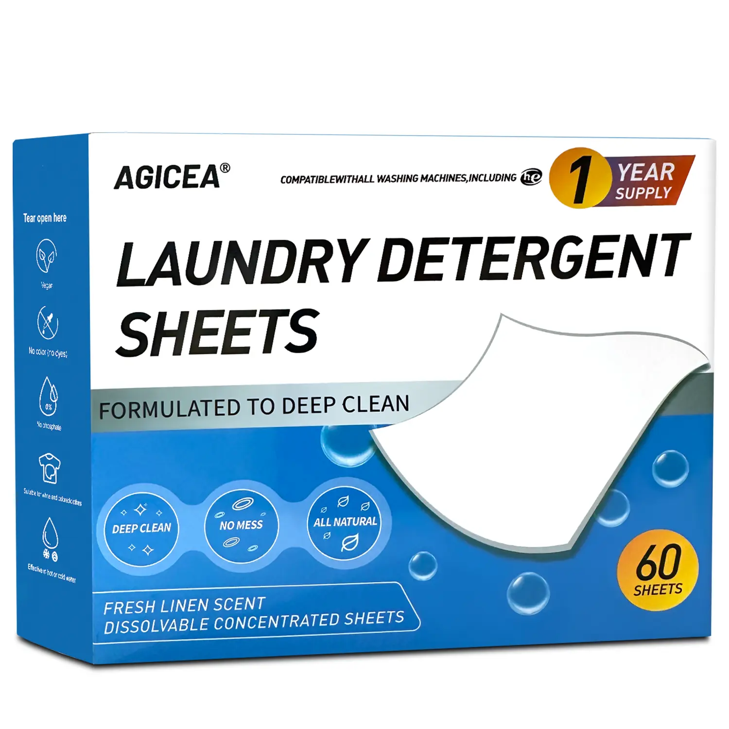 AGICEA Laundry Detergent Sheets - 60 Loads Fresh Breeze Scented Detergent, Ultra-Thin Lightweight Mess-Free Dissolvable Washing Strips for Washing Machines