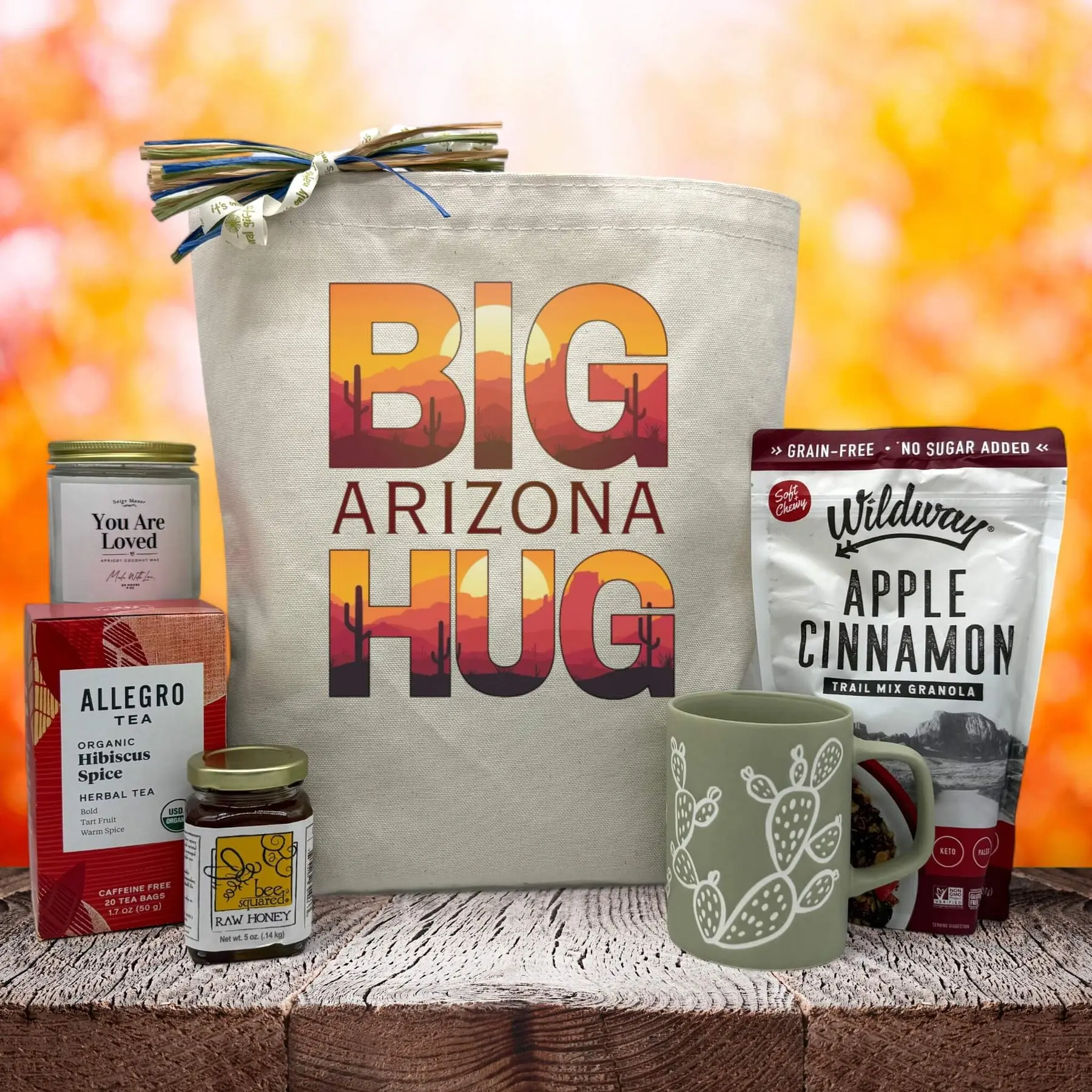 Itsonlynaturalgifts Big Arizona Hug Gift Basket with "You Are Loved" Candle, Hibiscus Spice Tea, Apple Cinnamon Granola, & Cactus Mug